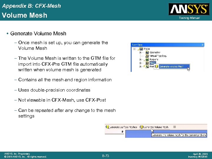 Appendix B: CFX-Mesh Volume Mesh Training Manual • Generate Volume Mesh – Once mesh