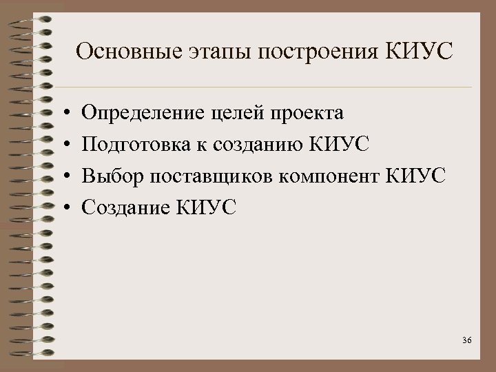 Основные этапы построения КИУС • • Определение целей проекта Подготовка к созданию КИУС Выбор