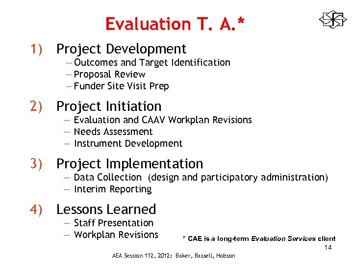 Evaluation T. A. * 1) Project Development 2) Project Initiation 3) Project Implementation 4)