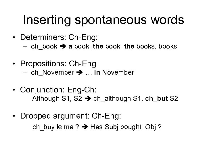 Inserting spontaneous words • Determiners: Ch-Eng: – ch_book a book, the books, books •
