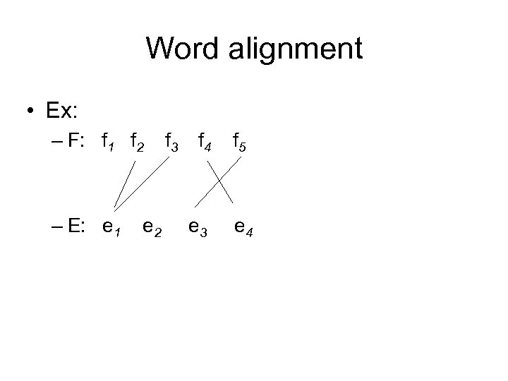 Word alignment • Ex: – F: f 1 f 2 – E: e 1