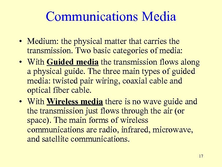 Communications Media • Medium: the physical matter that carries the transmission. Two basic categories