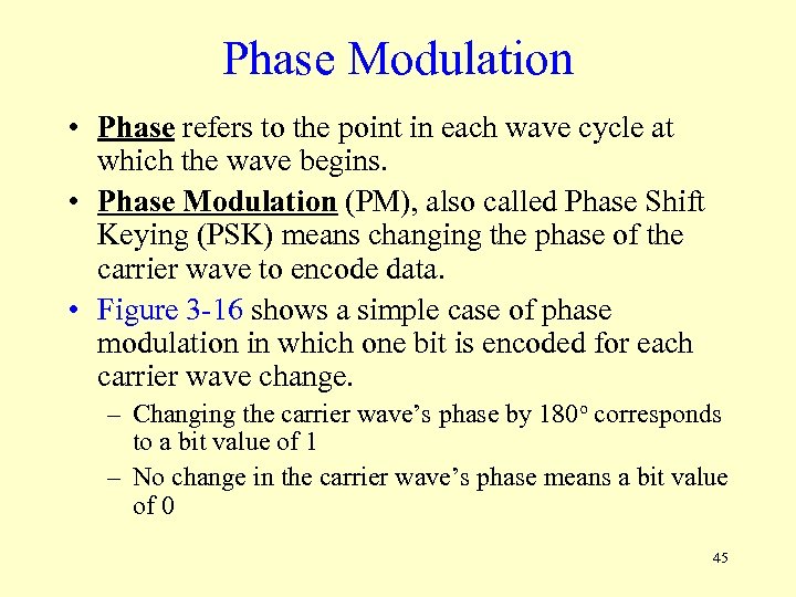 Phase Modulation • Phase refers to the point in each wave cycle at which