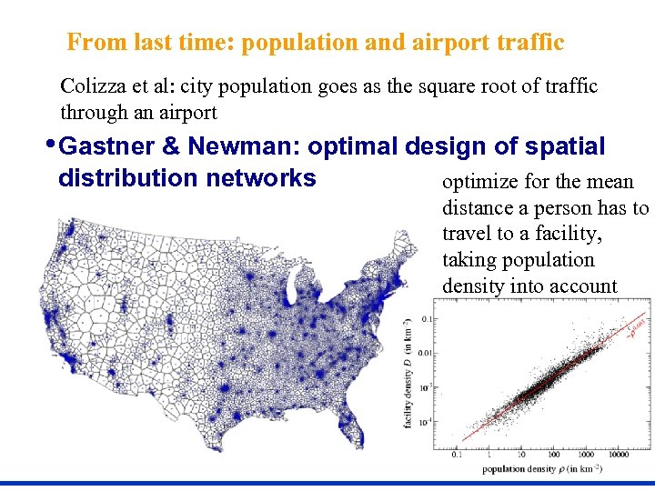 From last time: population and airport traffic Colizza et al: city population goes as