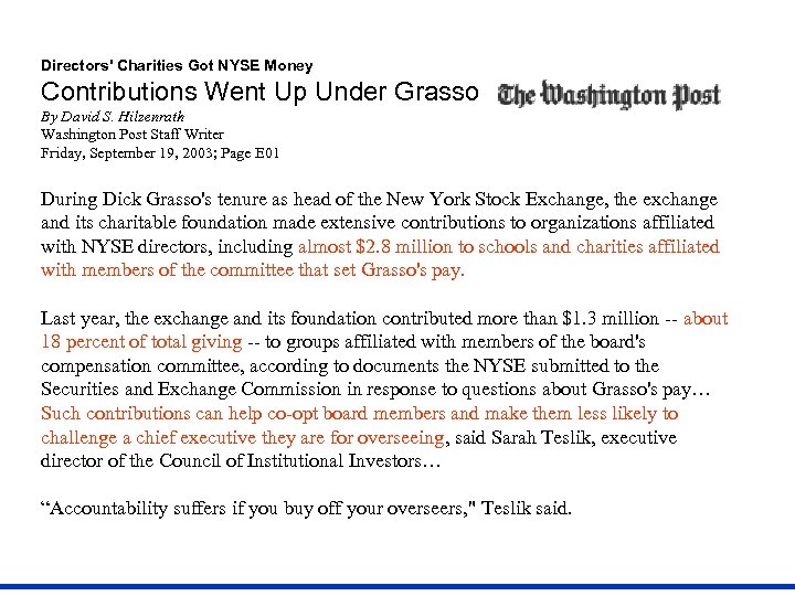 Directors' Charities Got NYSE Money Contributions Went Up Under Grasso By David S. Hilzenrath