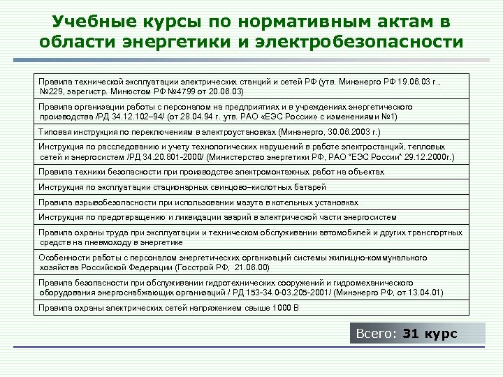 Учебные курсы по нормативным актам в области энергетики и электробезопасности Правила технической эксплуатации электрических