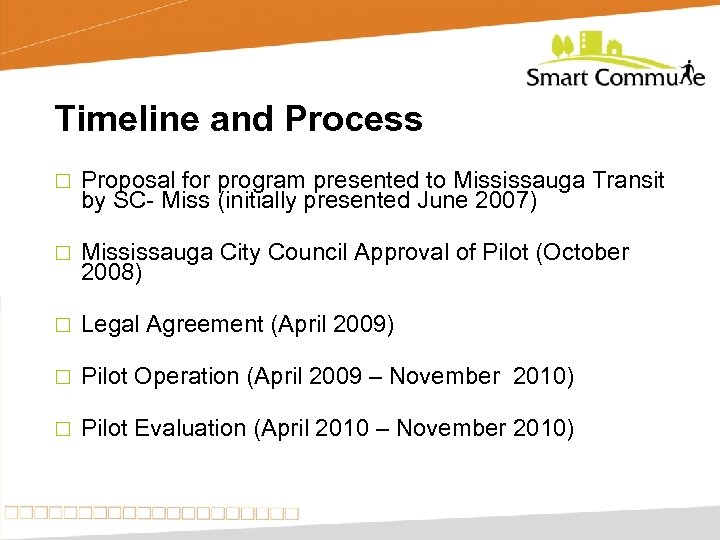 Timeline and Process ¨ Proposal for program presented to Mississauga Transit by SC- Miss