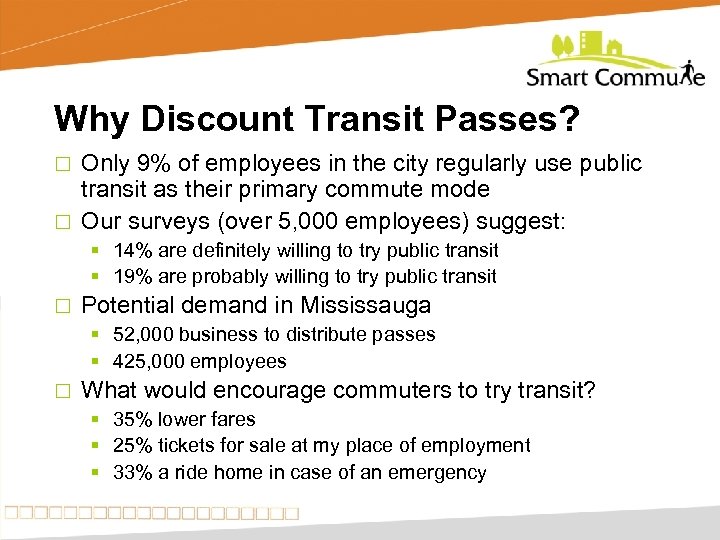 Why Discount Transit Passes? Only 9% of employees in the city regularly use public