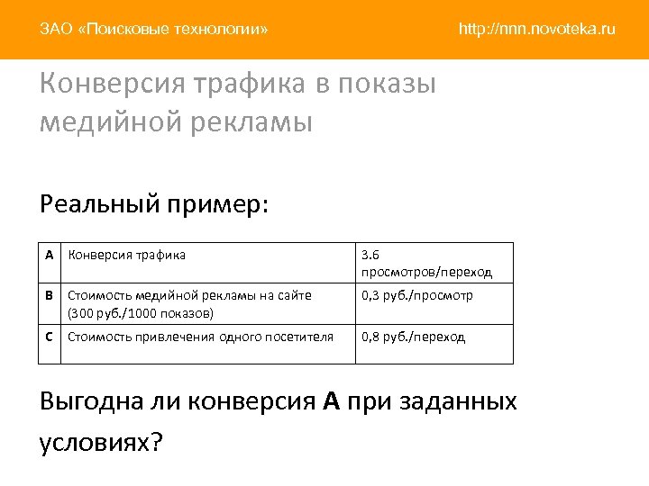 ЗАО «Поисковые технологии» http: //nnn. novoteka. ru Конверсия трафика в показы медийной рекламы Реальный