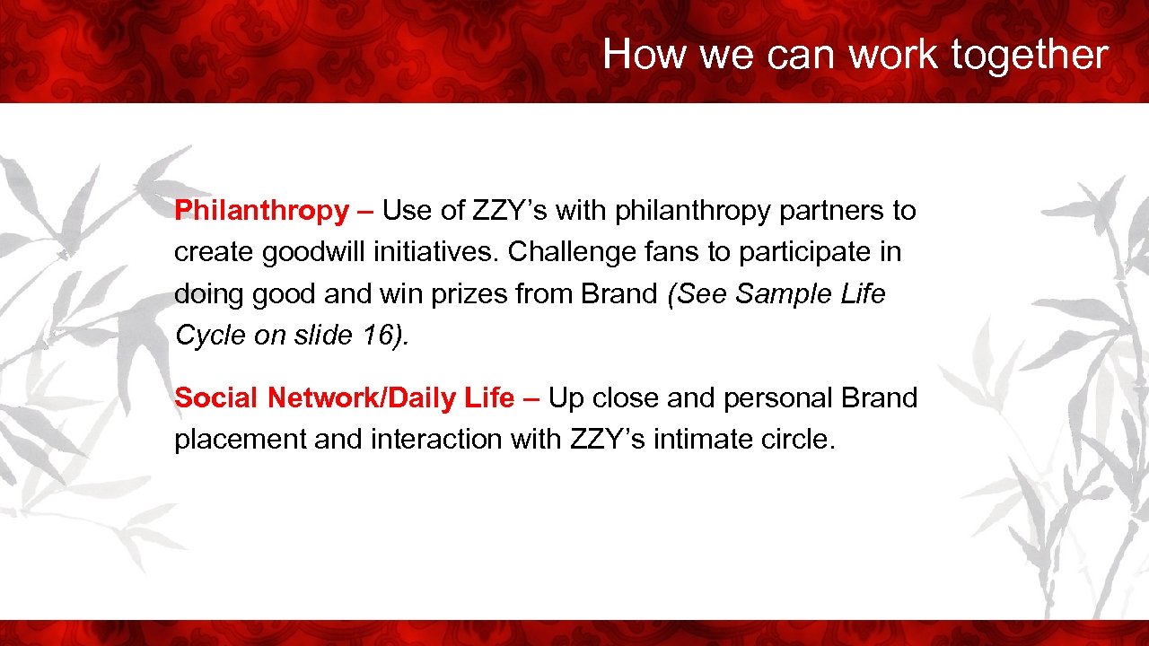 How we can work together Philanthropy – Use of ZZY’s with philanthropy partners to