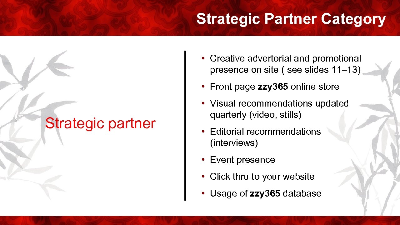 Strategic Partner Category • Creative advertorial and promotional presence on site ( see slides