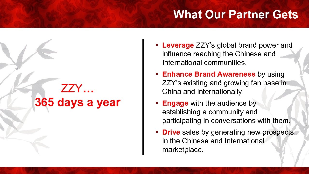 What Our Partner Gets • Leverage ZZY’s global brand power and influence reaching the