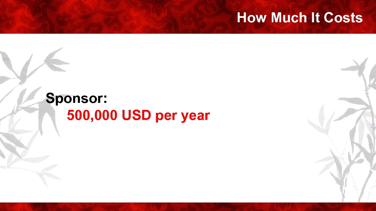 How Much It Costs Sponsor: 500, 000 USD per year 