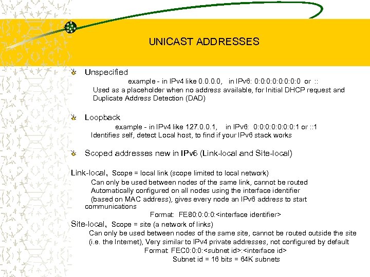 UNICAST ADDRESSES Unspecified example - in IPv 4 like 0. 0, in IPv 6: