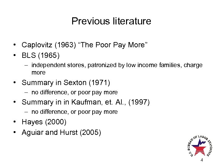Previous literature • Caplovitz (1963) “The Poor Pay More” • BLS (1965) – independent
