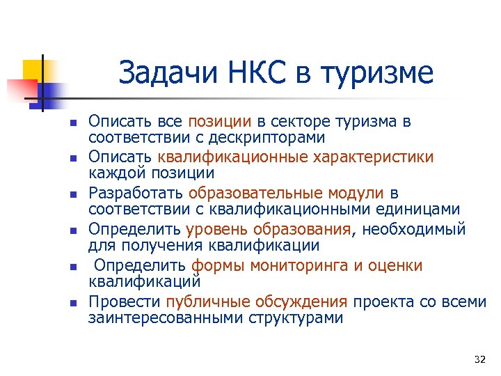 Задачи НКС в туризме n n n Описать все позиции в секторе туризма в