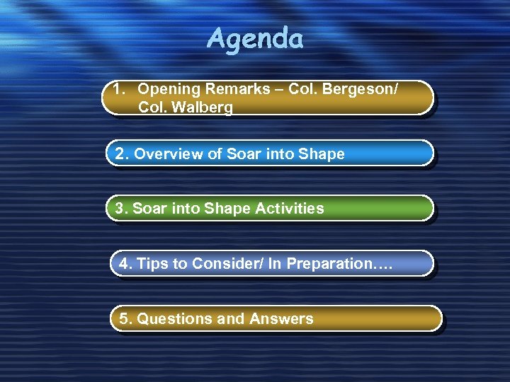 Agenda 1. Opening Remarks – Col. Bergeson/ Col. Walberg 2. Overview of Soar into