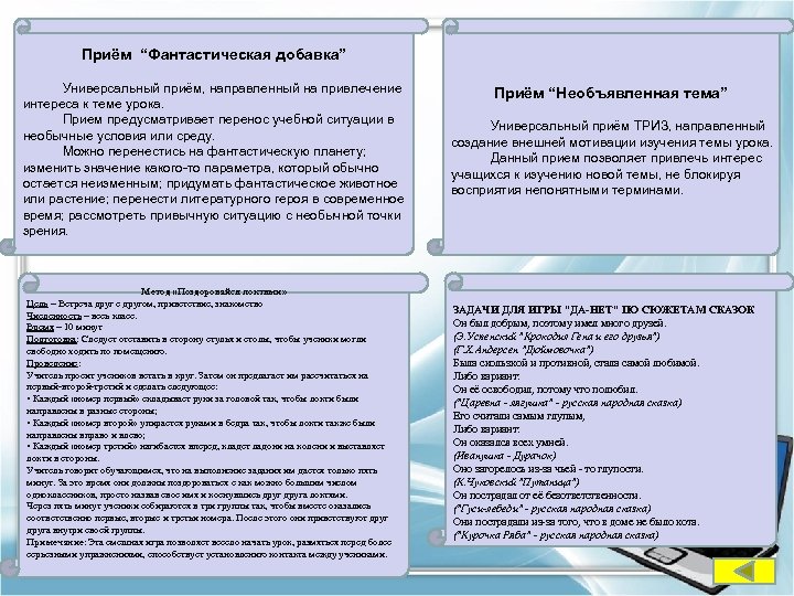 Приём “Фантастическая добавка” Универсальный приём, направленный на привлечение интереса к теме урока. Прием предусматривает
