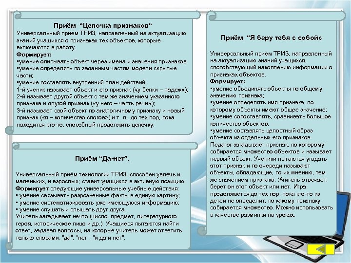 Приём “Цепочка признаков“ Универсальный приём ТРИЗ, направленный на актуализацию знаний учащихся о признаках тех