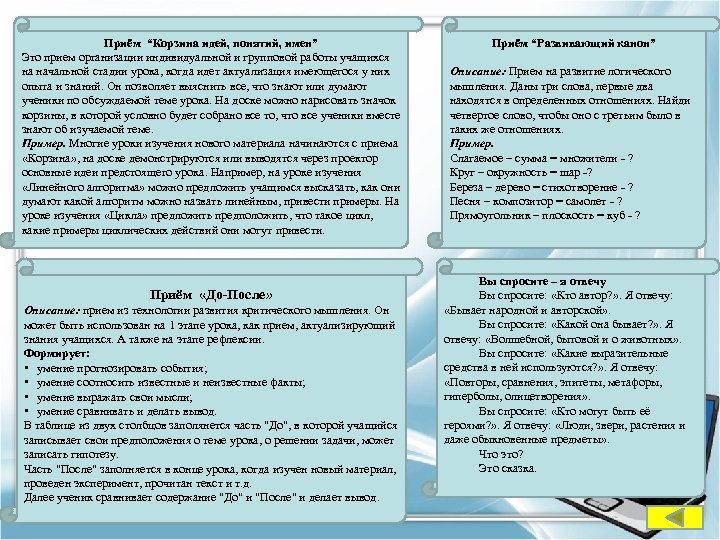 Приём “Корзина идей, понятий, имен” Это прием организации индивидуальной и групповой работы учащихся на
