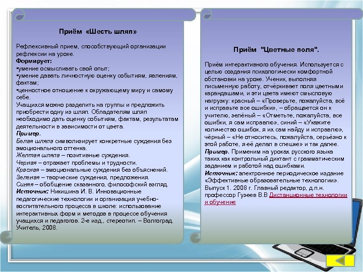 Приём «Шесть шляп» Рефлексивный прием, способствующий организации рефлексии на уроке. Формирует: • умение осмысливать