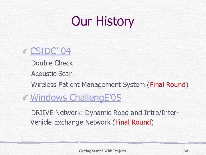 Our History CSIDC’ 04 Double Check Acoustic Scan Wireless Patient Management System (Final Round)