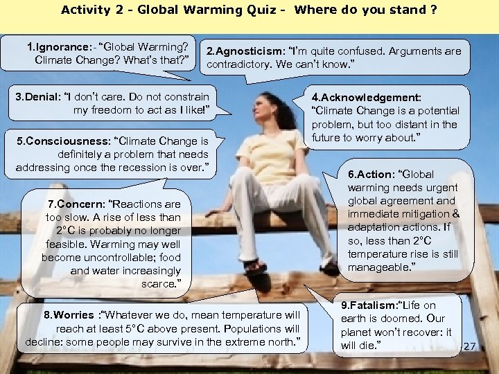 Activity 2 - Global Warming Quiz - Where do you stand ? 1. Ignorance: