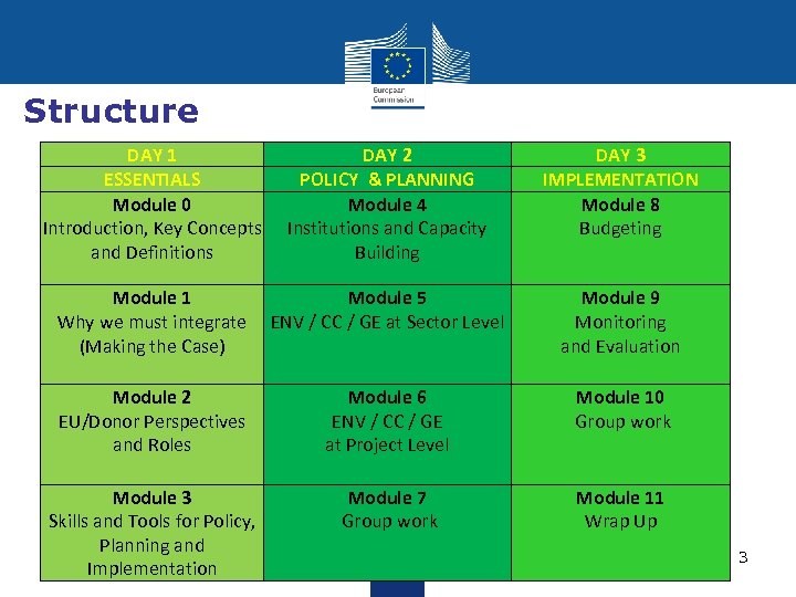Structure DAY 1 ESSENTIALS Module 0 Introduction, Key Concepts and Definitions DAY 2 POLICY