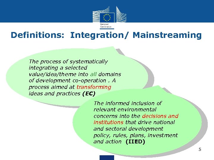 Definitions: Integration/ Mainstreaming The process of systematically integrating a selected value/idea/theme into all domains