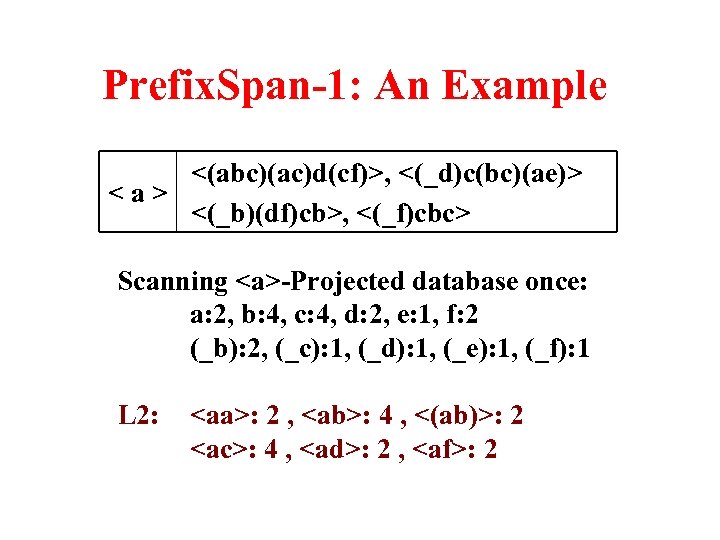 Prefix. Span-1: An Example <(abc)(ac)d(cf)>, <(_d)c(bc)(ae)> <a> <(_b)(df)cb>, <(_f)cbc> Scanning <a>-Projected database once: a: