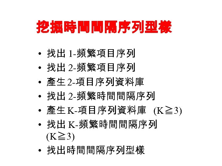 挖掘時間間隔序列型樣 找出 1 -頻繁項目序列 找出 2 -頻繁項目序列 產生 2 -項目序列資料庫 找出 2 -頻繁時間間隔序列 產生
