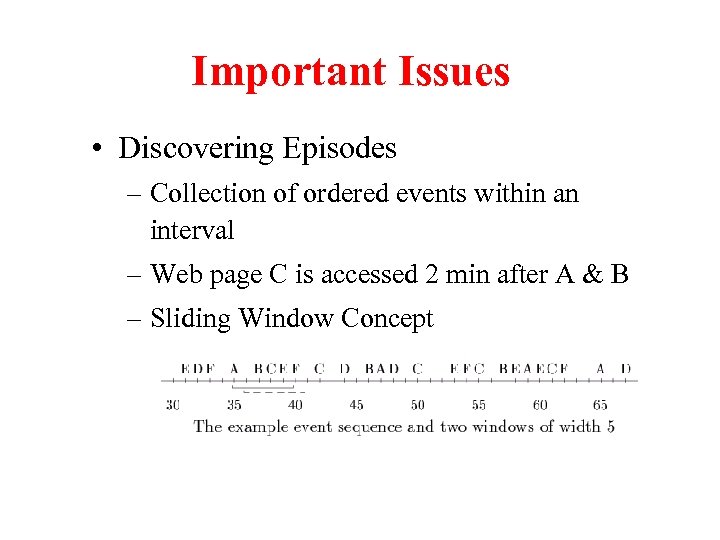 Important Issues • Discovering Episodes – Collection of ordered events within an interval –