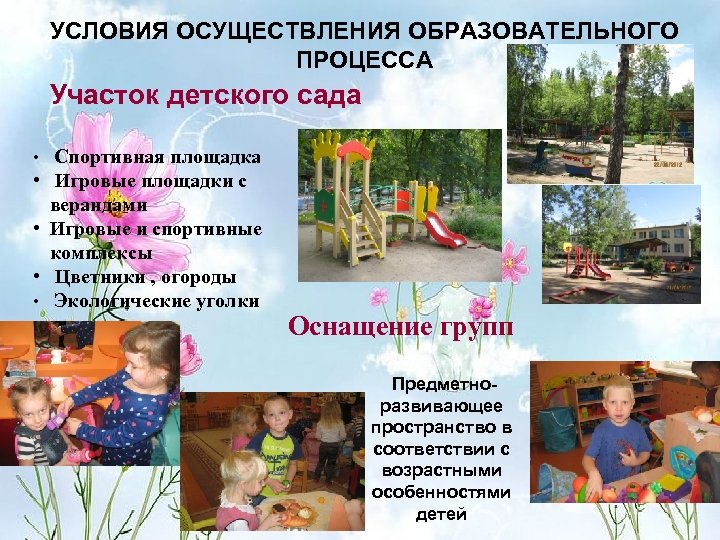 УСЛОВИЯ ОСУЩЕСТВЛЕНИЯ ОБРАЗОВАТЕЛЬНОГО ПРОЦЕССА Участок детского сада • • • Спортивная площадка Игровые площадки