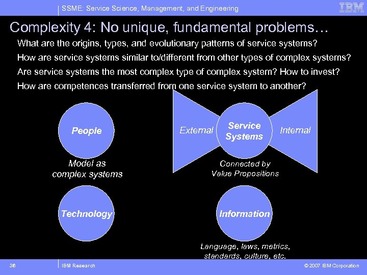 SSME: Service Science, Management, and Engineering Complexity 4: No unique, fundamental problems… What are