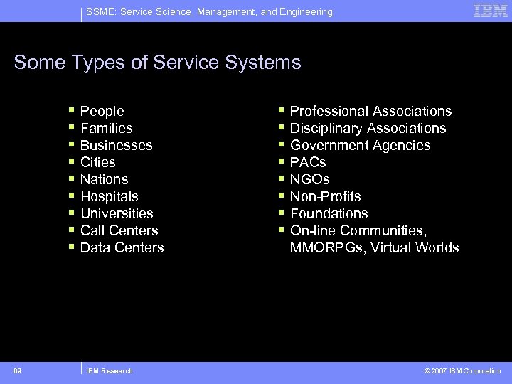 SSME: Service Science, Management, and Engineering Some Types of Service Systems § § §