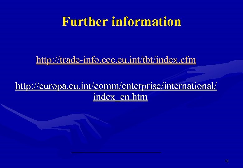 Further information http: //trade-info. cec. eu. int/tbt/index. cfm http: //europa. eu. int/comm/enterprise/international/ index_en. htm