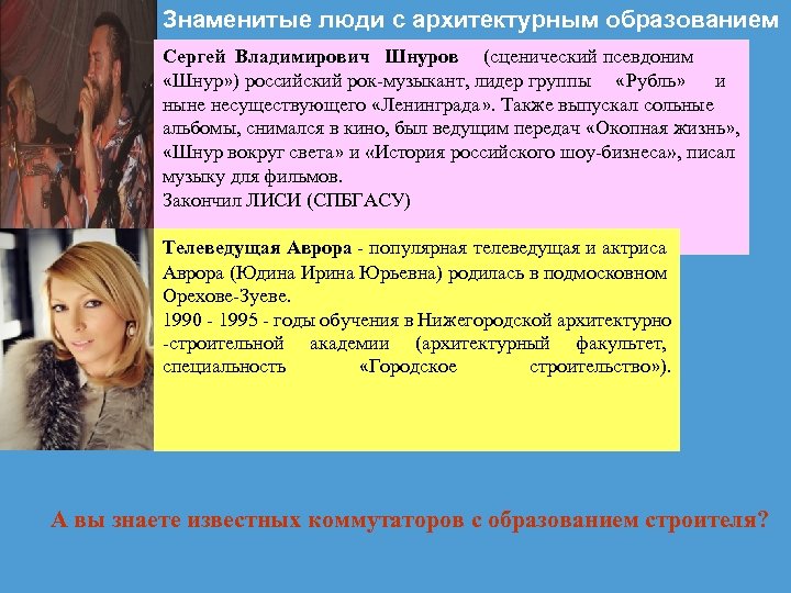 Знаменитые люди с архитектурным образованием Сергей Владимирович Шнуров (сценический псевдоним «Шнур» ) российский рок