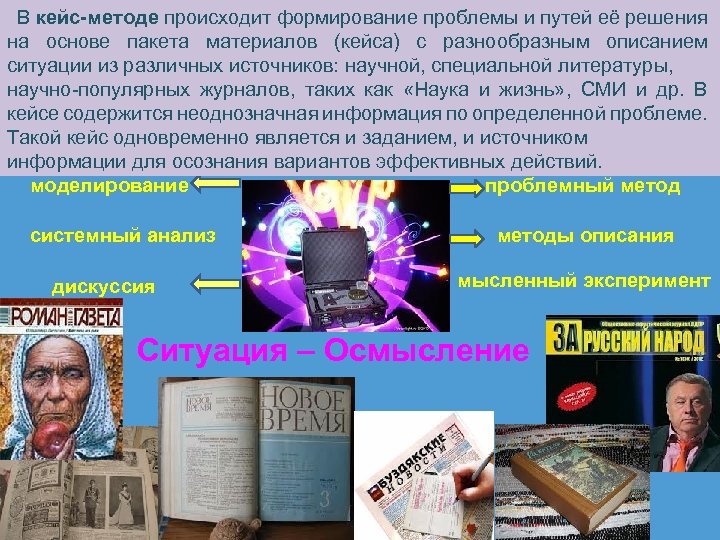 В кейс-методе происходит формирование проблемы и путей её решения на основе пакета материалов (кейса)