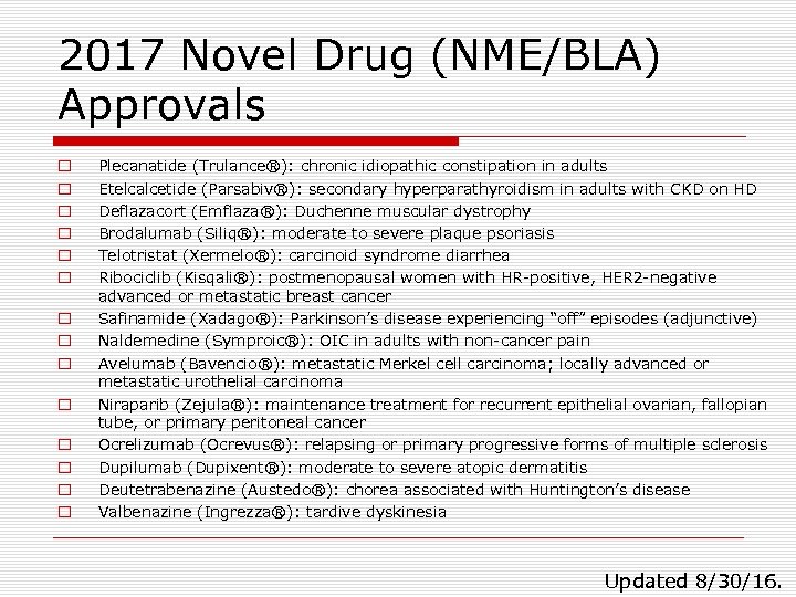 2017 Novel Drug (NME/BLA) Approvals o o o o Plecanatide (Trulance®): chronic idiopathic constipation