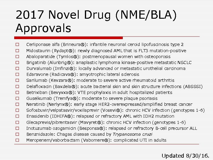 2017 Novel Drug (NME/BLA) Approvals o o o o o Cerliponase alfa (Brineura®): infantile