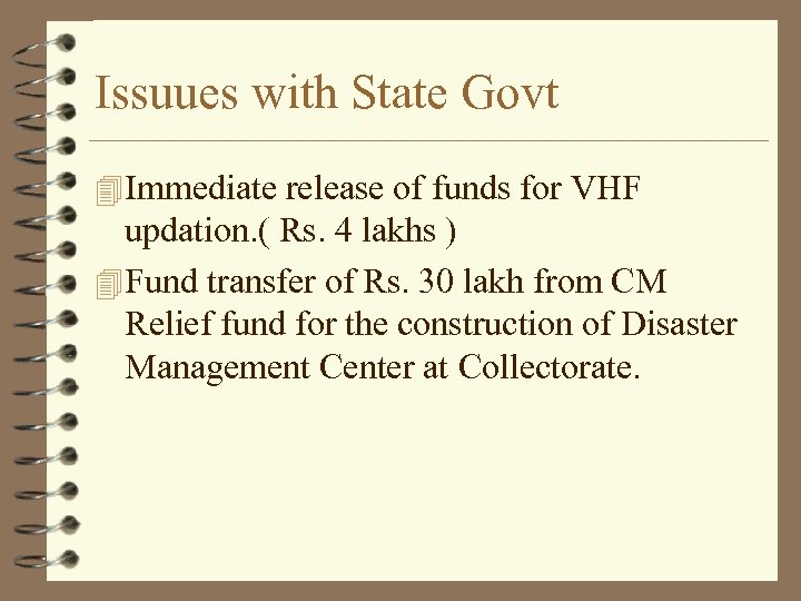 Issuues with State Govt 4 Immediate release of funds for VHF updation. ( Rs.