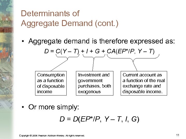 Determinants of Aggregate Demand (cont. ) • Aggregate demand is therefore expressed as: D