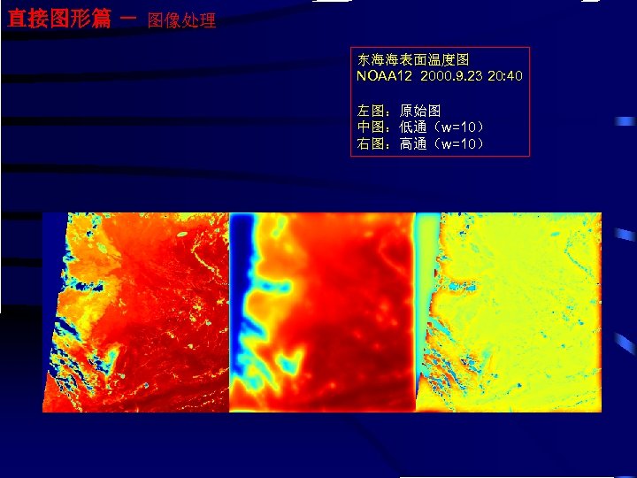 直接图形篇 － 图像处理 东海海表面温度图 NOAA 12 2000. 9. 23 20: 40 左图：原始图 中图：低通（w=10） 右图：高通（w=10）