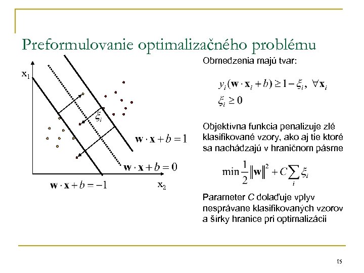 Preformulovanie optimalizačného problému Obmedzenia majú tvar: x 1 Objektívna funkcia penalizuje zlé klasifikované vzory,