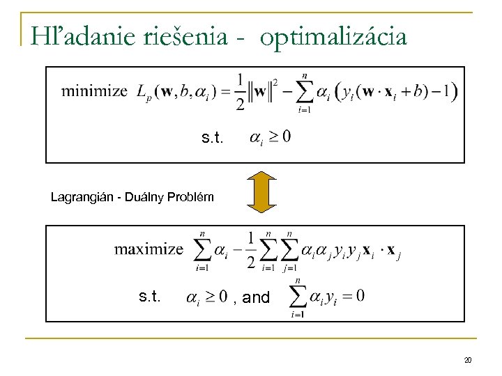 Hľadanie riešenia - optimalizácia s. t. Lagrangián - Duálny Problém s. t. , and