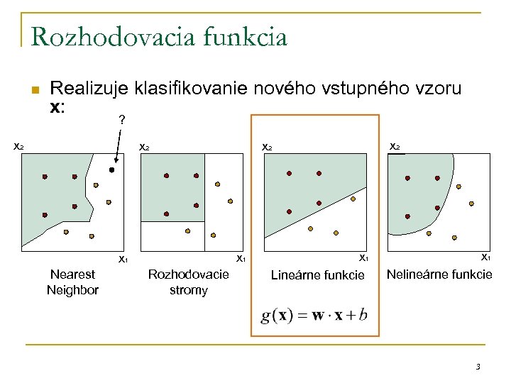 Rozhodovacia funkcia n Realizuje klasifikovanie nového vstupného vzoru x: ? x 2 x 2