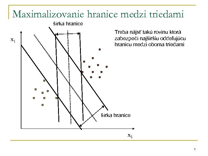 Maximalizovanie hranice medzi triedami šírka hranice x 1 Treba nájsť takú rovinu ktorá zabezpečí