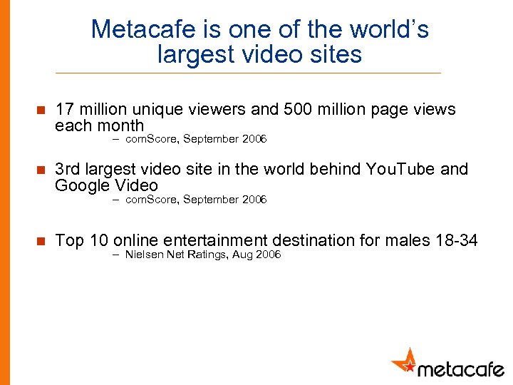 Metacafe is one of the world’s largest video sites n 17 million unique viewers