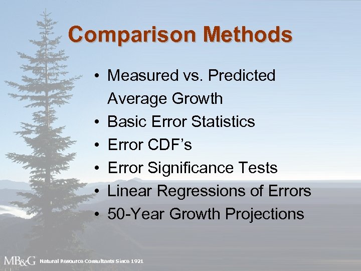 Comparison Methods • Measured vs. Predicted Average Growth • Basic Error Statistics • Error