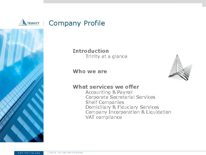 Company Profile Introduction Trinity at a glance Who we are What services we offer